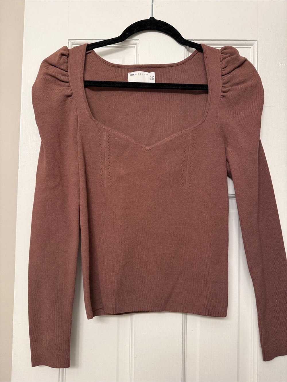 ASOS Square Neck Puff Sleeve Knit Top in Mauve Brown